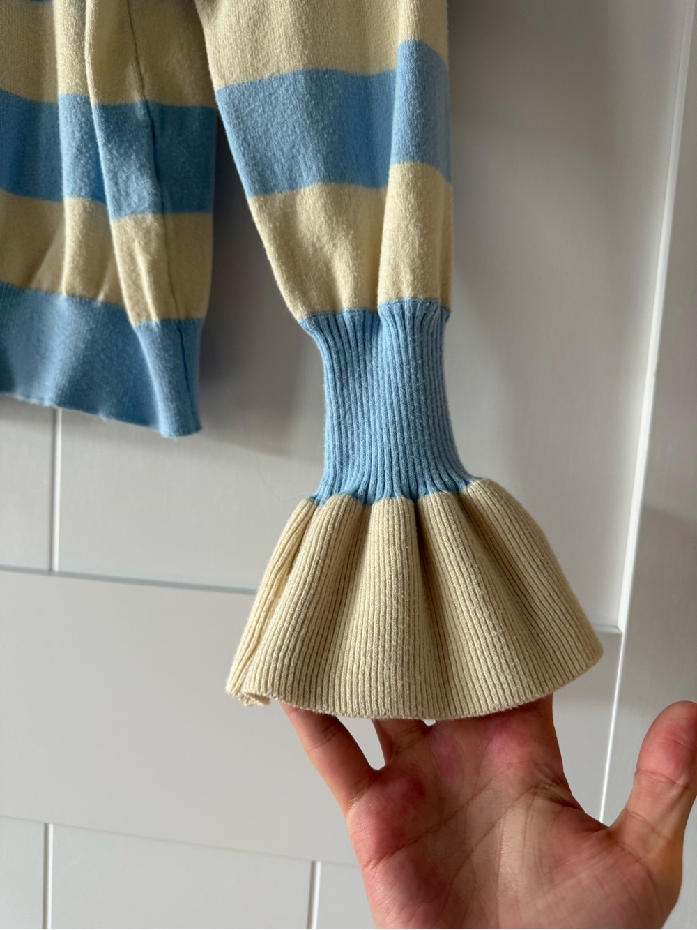 Who What Wear Women’s Blue and Cream Striped Bell Sleeve Pullover Sweater - Picture 5 of 7